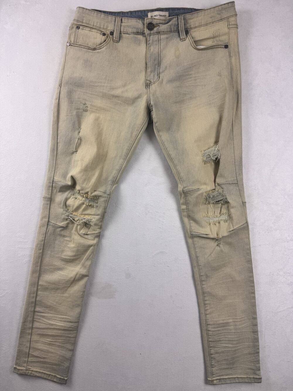 Blind Trust Distressed Skinny Jeans Cream Beige Ripped Repair Detail Mens 36x34